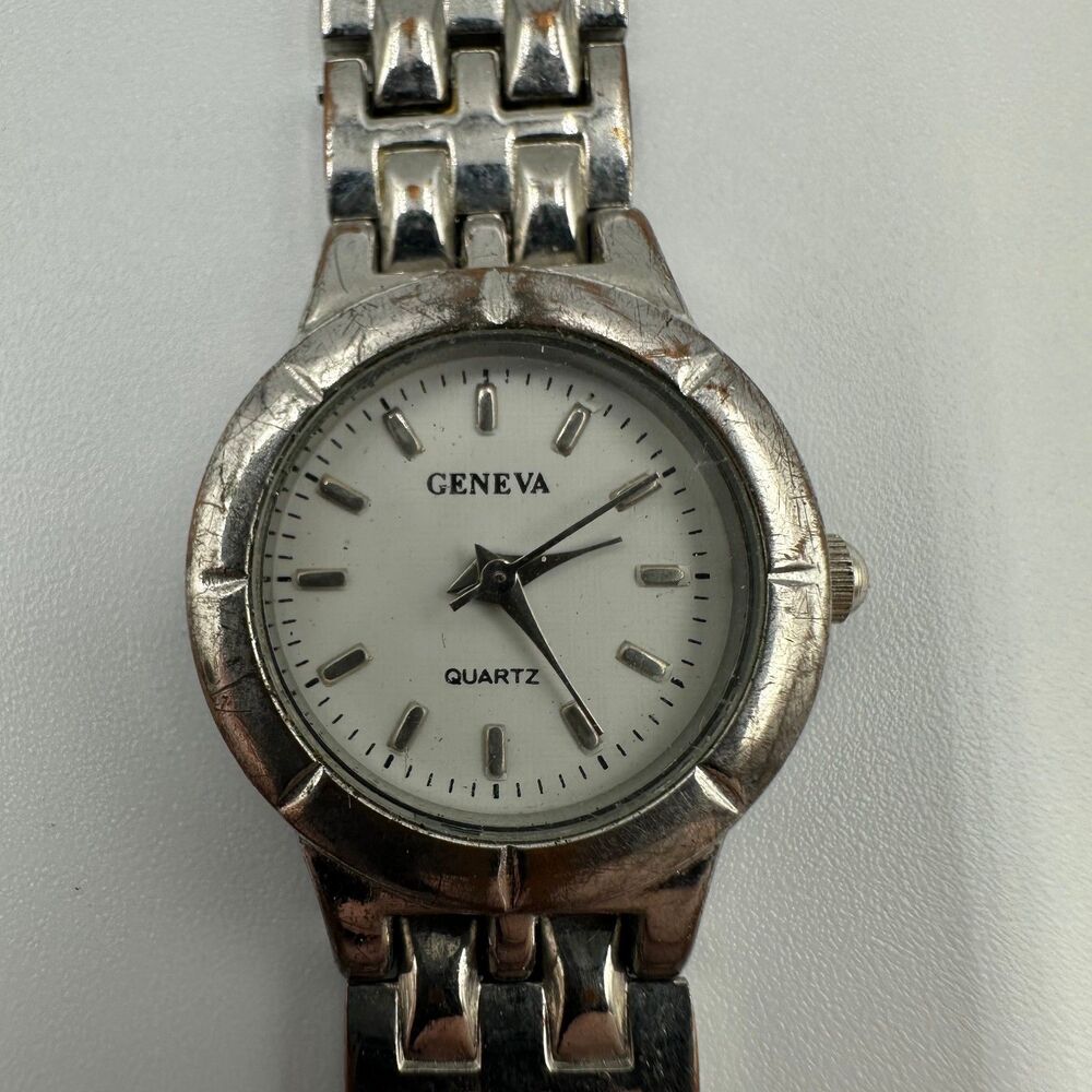 Geneva Women's Quartz Watch White Dial Silver Panther Link Bracelet For Parts